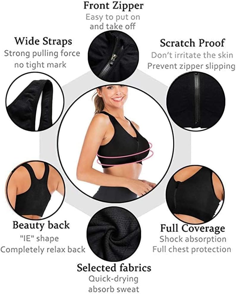 2 Pcs Zip Front Sports Bra, Post Surgery Bra Yoga Bra Workout Fitness Activewear Racerback Padded Bras for Women