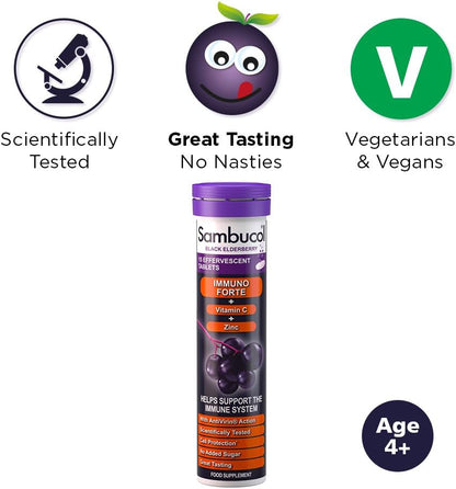 Sambucol Natural Black Elderberry Immuno Forte Effervescent Tablets, Vitamin C, Zinc, Immune System Booster, 15 Tablets