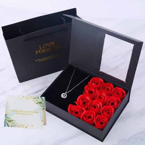 Eternal Preserved Rose, Handmade Soap Rose Flowers Box,Gold Metal Jewelry Keepsake Box-Heart Decorative Box Ring Earring Display Organizer Keepsake Box for Wedding Birthday Gift (Black)