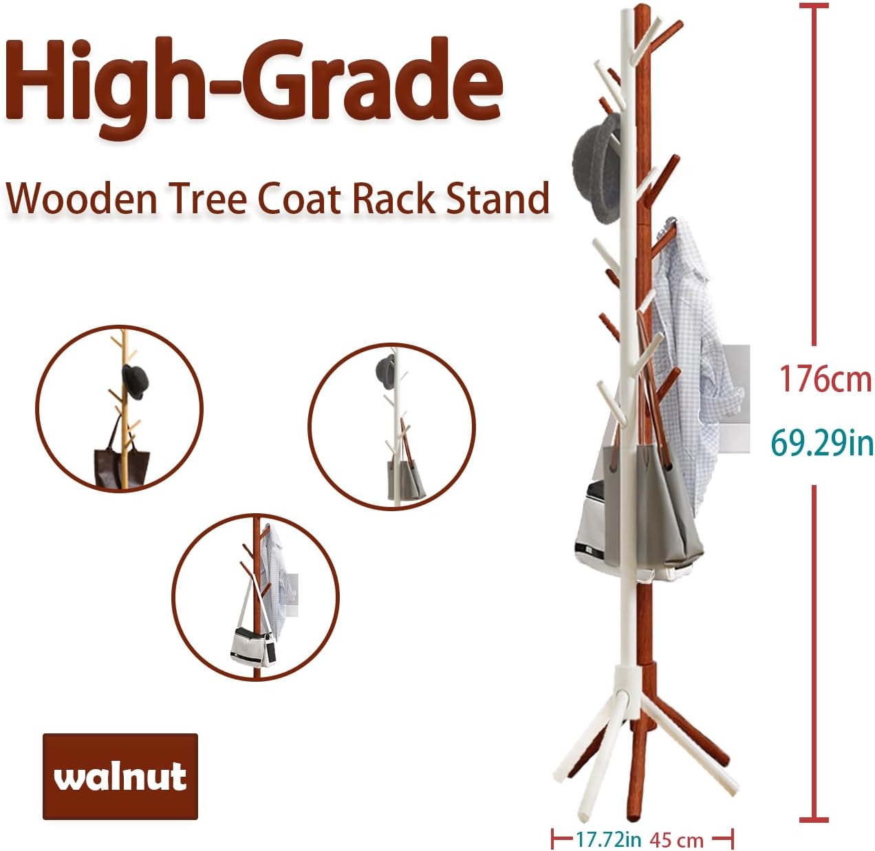 Coat and Hat Rack with 8 Hooks & 3 Legs Base,Solid Wood Cloths Rack,Freestanding Tree Shape Coat Rack for Home, Office, Entryway, Hallway,Height 176 cm. (Wood)