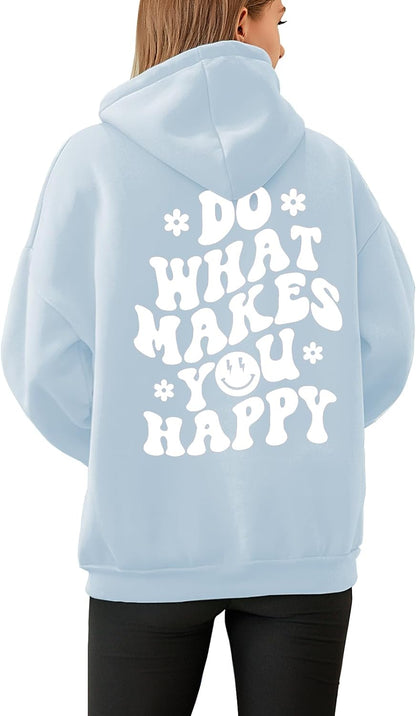 Tuislay Women Cute Graphic Oversized Hoodies Sweatshirts for Teen Girls Aesthetic Y2k Preppy Fleece Happy Hooded Pullover