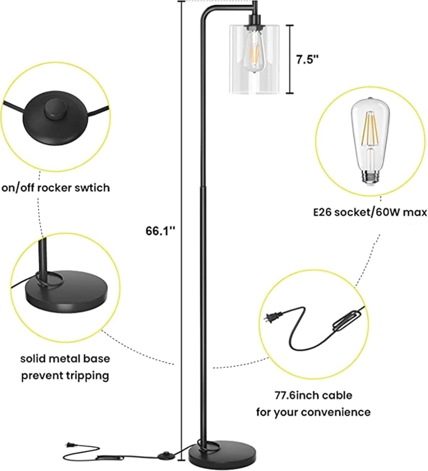 Industrial Floor Lamp, Modern LED Standing Lamps with Hanging Clear Glass Shade, Classic Reading Tall Pole Floor Lamps for Living Room Bedroom Office Study Room Reading