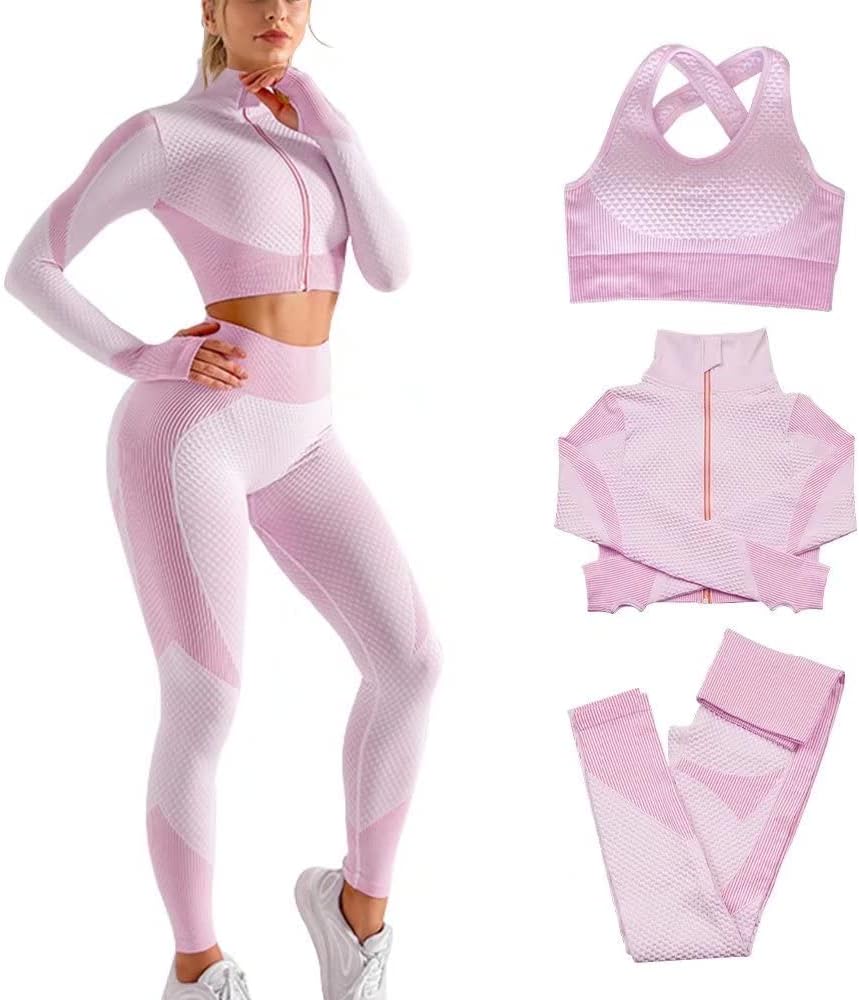 Veriliss 3pcs Gym Clothes for Women Tracksuit Womens Full Set Outfits Workout Joggers Yoga Sportswear Leggings and Stretch Sports Bra Jumpsuits Clothes Sets