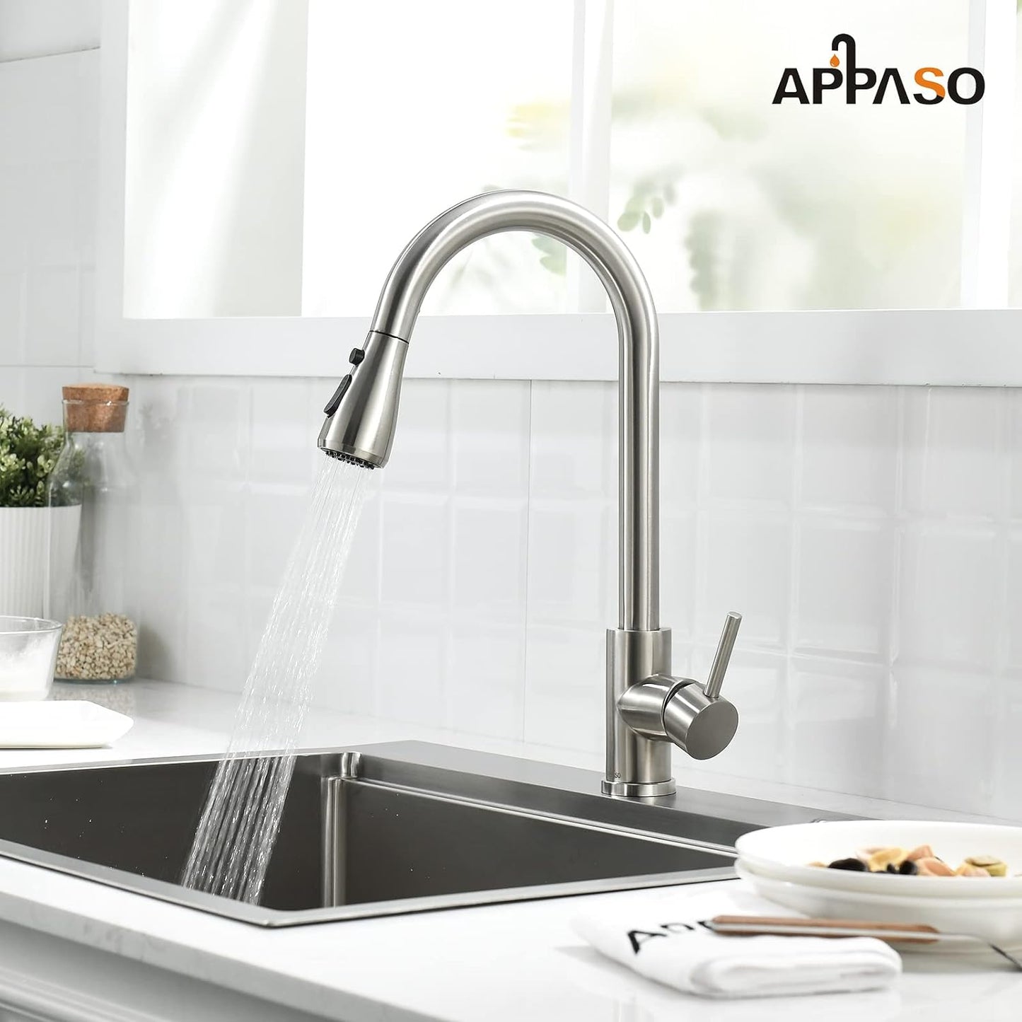 APPASO Kitchen Faucet with Pull Down Sprayer - Single Handle One Hole High Arc Pull Out Kitchen Sink Faucets with Deck Plate, Brushed Nickel, APS220BN