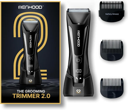 MENHOOD Battery Powered WaterProof Cordless Grooming Trimmer 2.0 for Men, with 4000k LED light & Power Status Display, Wireless Charging Support, Sensitive Skin Technology,150Min Runtime