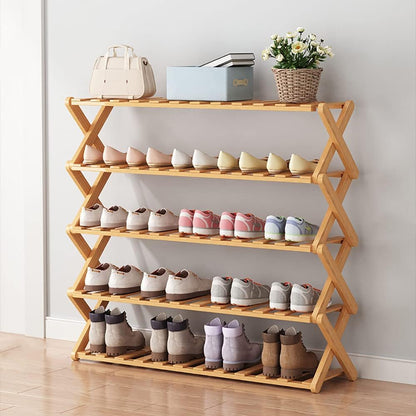 Foldable Shoe Rack Shoe Storage Cabinet Bamboo Shoe Shelf Portable and Dustproof for Living Room Entryway Hallway Shoe Organizer Balcony Flower Plant Stand (Wood, B-5Layer)