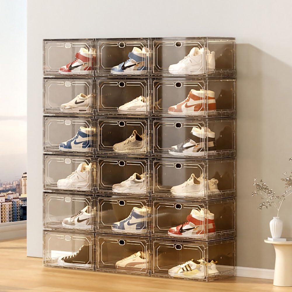 Stackable Shoe Box Large Shoe Storage Box Plastic Clear Sneaker Display Box with Magnetic Door for Shoes, Hat, Bags and Closet Organizer and Display (Grey, 10Pcs)