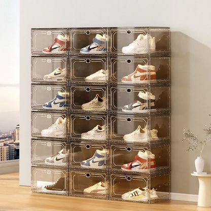 Stackable Shoe Box Large Shoe Storage Box Plastic Clear Sneaker Display Box with Magnetic Door for Shoes, Hat, Bags and Closet Organizer and Display (Grey, 10Pcs)