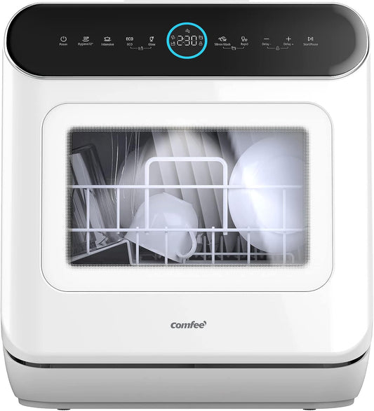 COMFEE' Mini Plus Dishwasher TD305-W Compact Table Top Dishwasher with 3 Place Settings, 7 Programmes, Touch Control, LED Display, Delay Start and Off-peak Wash Function - White