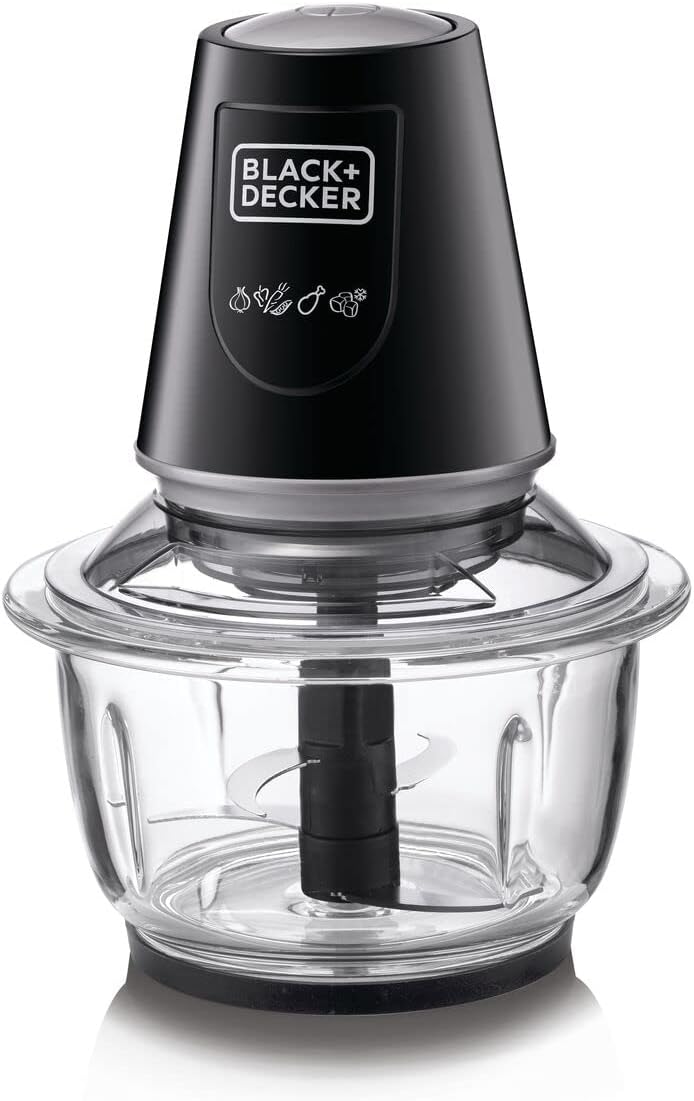 BLACK+DECKER 400W 1.2L Vertical Glass Chopper/Mincer XXL Glass Bowl Capacity With Removable Four Blade System Helps, Chop/Crush Ice/Mince/Grind/Puree Variety Of Ingredients GC400-B5