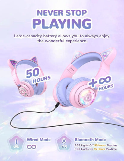 iClever BTH13 Bluetooth Headphones, Cat Ear LED Light Up Wireless Kids Headphones with Volume Limited (74/85/94dB), 45H Playtime, Children Headphones with MIC Over Ear for School/Tablet/PC, Purple