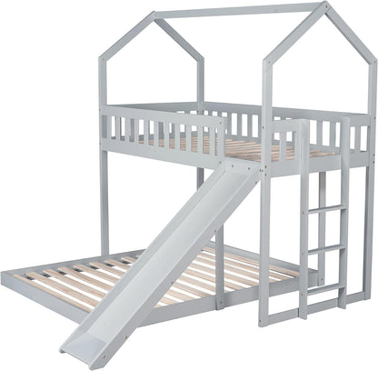 GLORHOME Loft Twin House Bunk Bed， Detachable to Floor Bedframe and A Loftbed, with Slide, Built-in Ladder,Full-Length Guardrail for Kids Adults,Roof can be Decorated, Gray