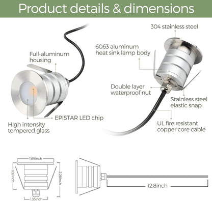 Gardencoin Outdoor Recessed LED Lights, Heavy Duty Deck Stair and Driveway Lighting, 1W 12-24V Low Voltage Landscape In Ground Well Light, Underwater Light Ultra Waterproof, Dimmable(3000K-6pack)