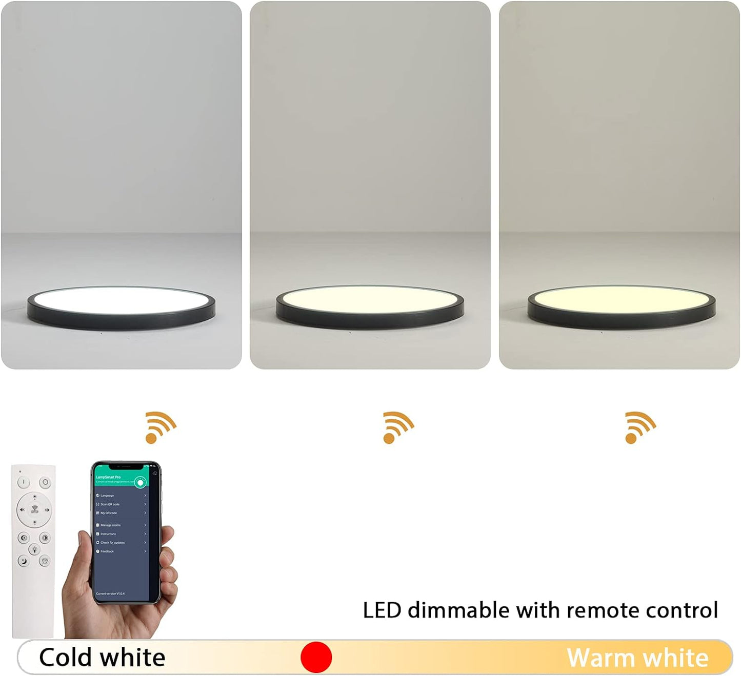 Dimmable LED Flush Mount Ceiling Light, 28W 3220LM 30x2CM Wireless APP Remote Control Smart Lights for Home, Modern Ultrathin Warm White 3 Color in One LED Flush Mount Smart LED Ceiling Light, Black