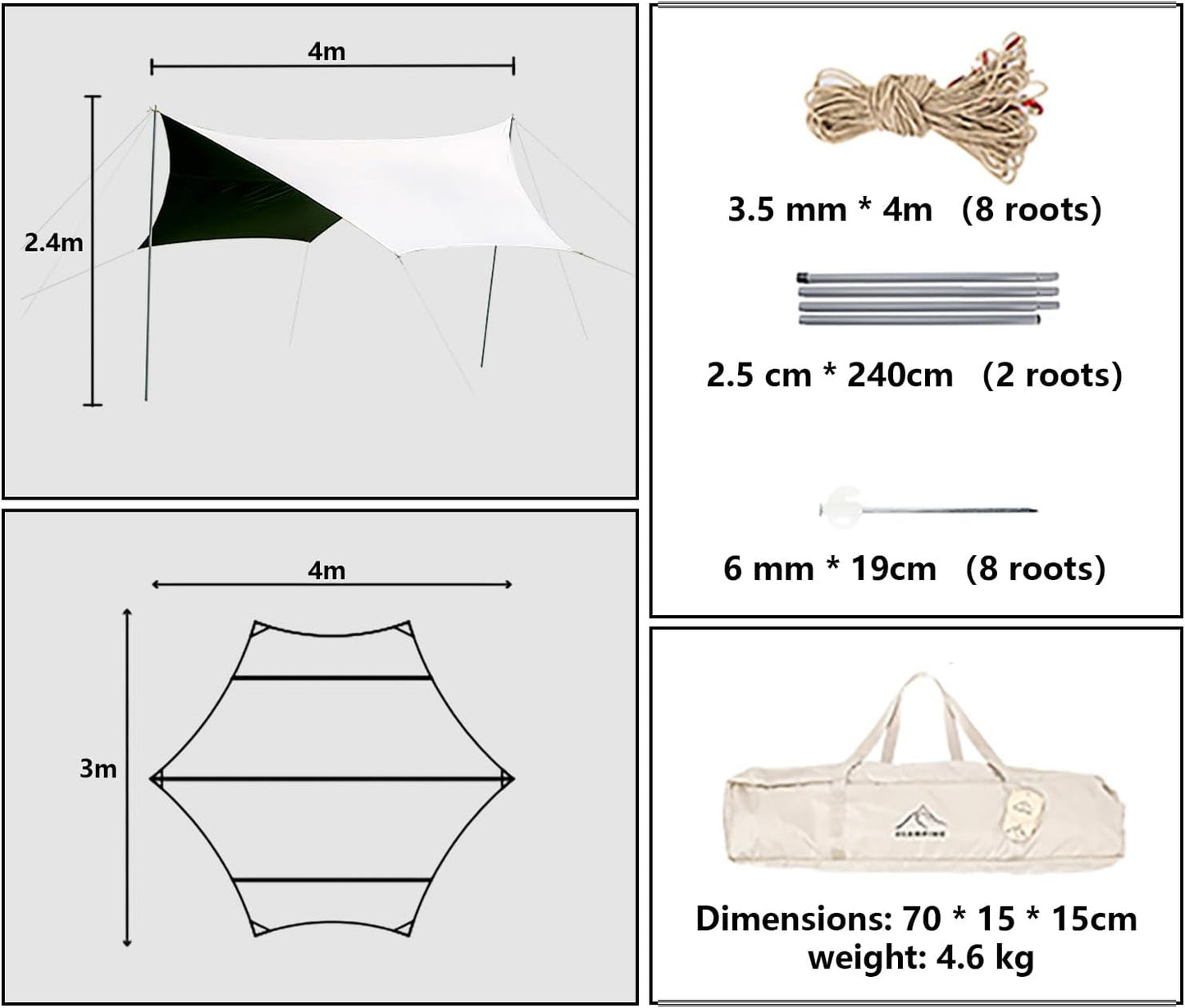 Keqin 13 x 10FT Camping Tarp with 2 Poles Portable Backpacking Tarp Lightweight Awning Sun Shelter Tent,UV UPF50+,PU3000 Waterproof Sun Shade Sail Canopy for Camping,Picnic,Garden Traveling (Beige)