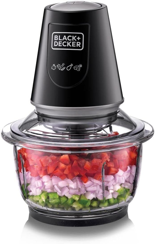 BLACK+DECKER 400W 1.2L Vertical Glass Chopper/Mincer XXL Glass Bowl Capacity With Removable Four Blade System Helps, Chop/Crush Ice/Mince/Grind/Puree Variety Of Ingredients GC400-B5