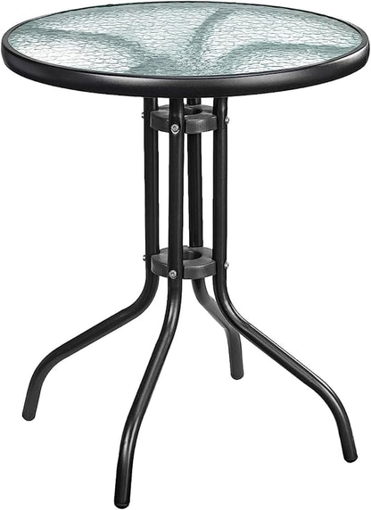 HEXAR® Outdoor Table Round Patio Table Coffee Table Side Table Garden Table Outdoor Indoor Furniture with Metal Frame and Tempered Water Ripple Glass Top for Garden Backyard Porch Deck (CLASSIC)