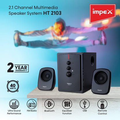 Impex 2.1 MUSIK-R HT 2103 40W Portable Multimedia Bluetooth Home theatre Speaker System with Digital Amplifier Subwoofer Full Function Remote Control MP3/WMA/FM Radio