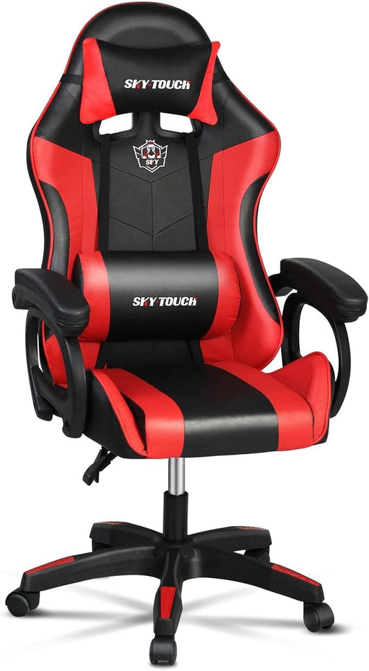 SKY-TOUCH Gaming Chair，Adjustable Computer Chair Pc Office Pu Leather High Back, Ergonomic design Lumbar Support,Comfortable Armrest Headrest，Red