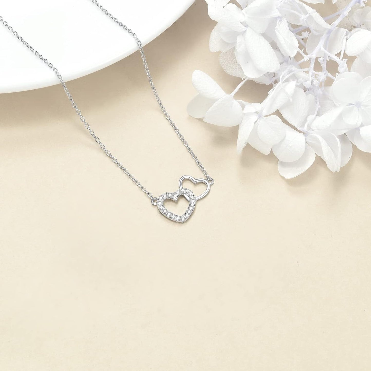 MAQOI 925 Sterling Silver Double Heart Necklace for Women with Cubic Zirconia Valentines Christmas Birthday Jewelry Gifts for Mom Wife Girlfriend Daughter