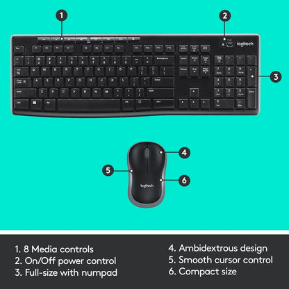 Logitech Mk270 Wireless Keyboard And Mouse Combo For Windows, 2.4 Ghz Wireless, Compact Wireless Mouse, 8 Multimedia And Shortcut Keys, 2-Year Battery Life, Pc/Laptop, English/Arabic