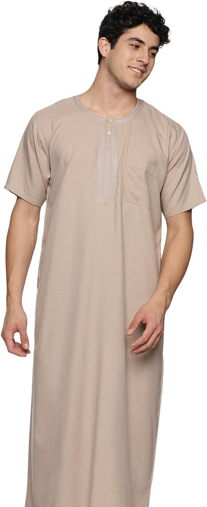 Men's Round Neck Short Sleeves Jalabiya | Breathable Kaftan Style Thobe for Comfort & Elegance