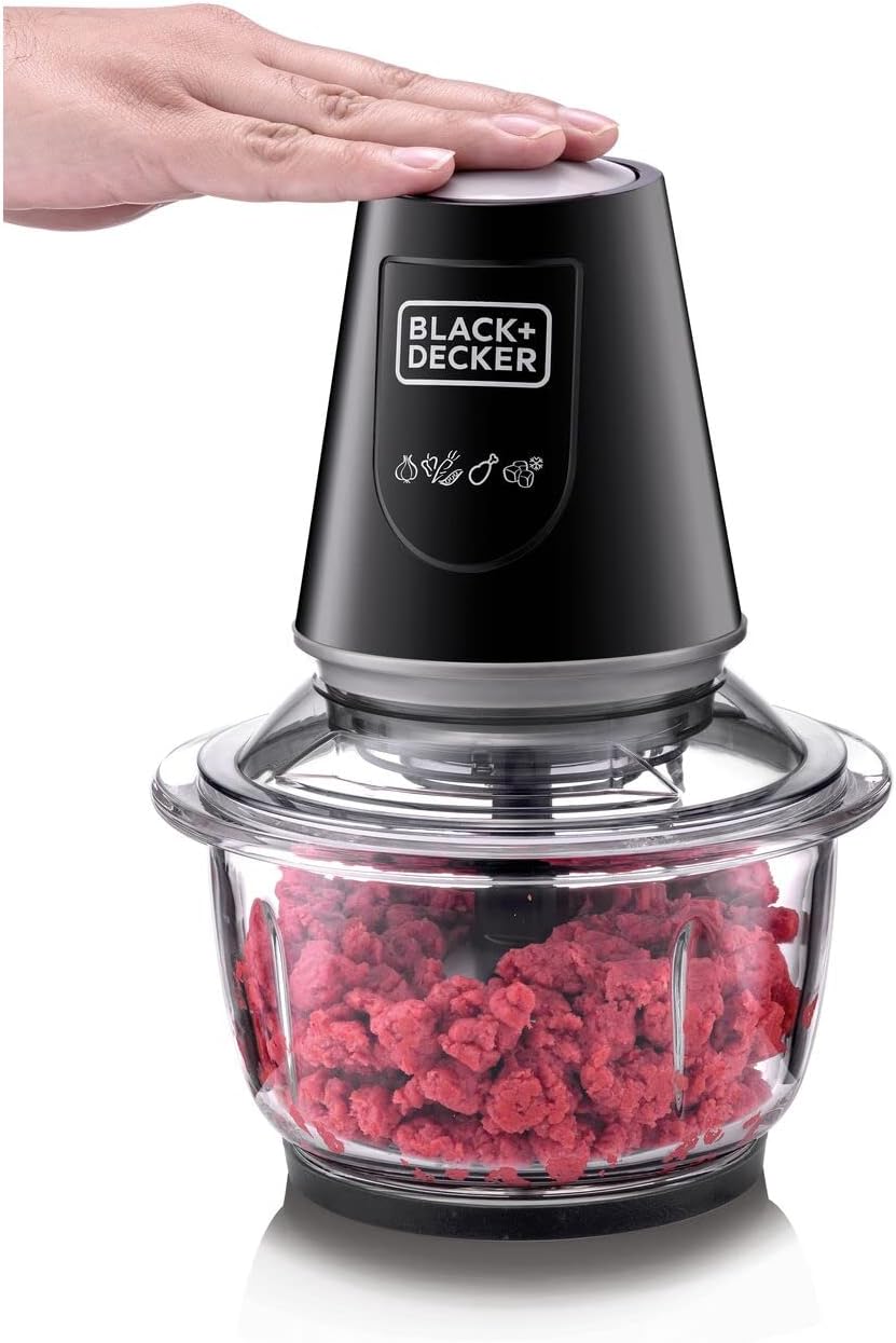 BLACK+DECKER 400W 1.2L Vertical Glass Chopper/Mincer XXL Glass Bowl Capacity With Removable Four Blade System Helps, Chop/Crush Ice/Mince/Grind/Puree Variety Of Ingredients GC400-B5