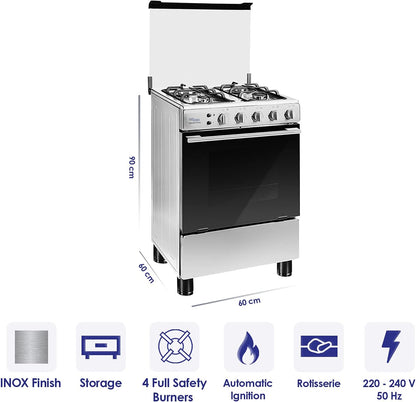 Super General Freestanding Gas-Cooker 4-Burner Full-Safety, Stainless-Steel Cooker, Gas Oven with Rotisserie, Thermostat, Auto-Ignition, Silver, 60 x 60 x 85 cm, SGC-601-FS, 1 Year Warranty