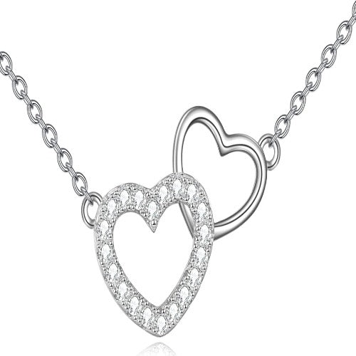 MAQOI 925 Sterling Silver Double Heart Necklace for Women with Cubic Zirconia Valentines Christmas Birthday Jewelry Gifts for Mom Wife Girlfriend Daughter