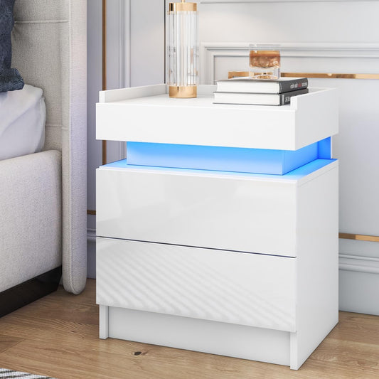 HOMMPA LED Nightstand White Nightstand with Led Lights Modern Night Stand with 2 High Gloss Drawers Led Bedside Table with Border Tabletop Smart Nightstand for Bedroom 20.5” Tall