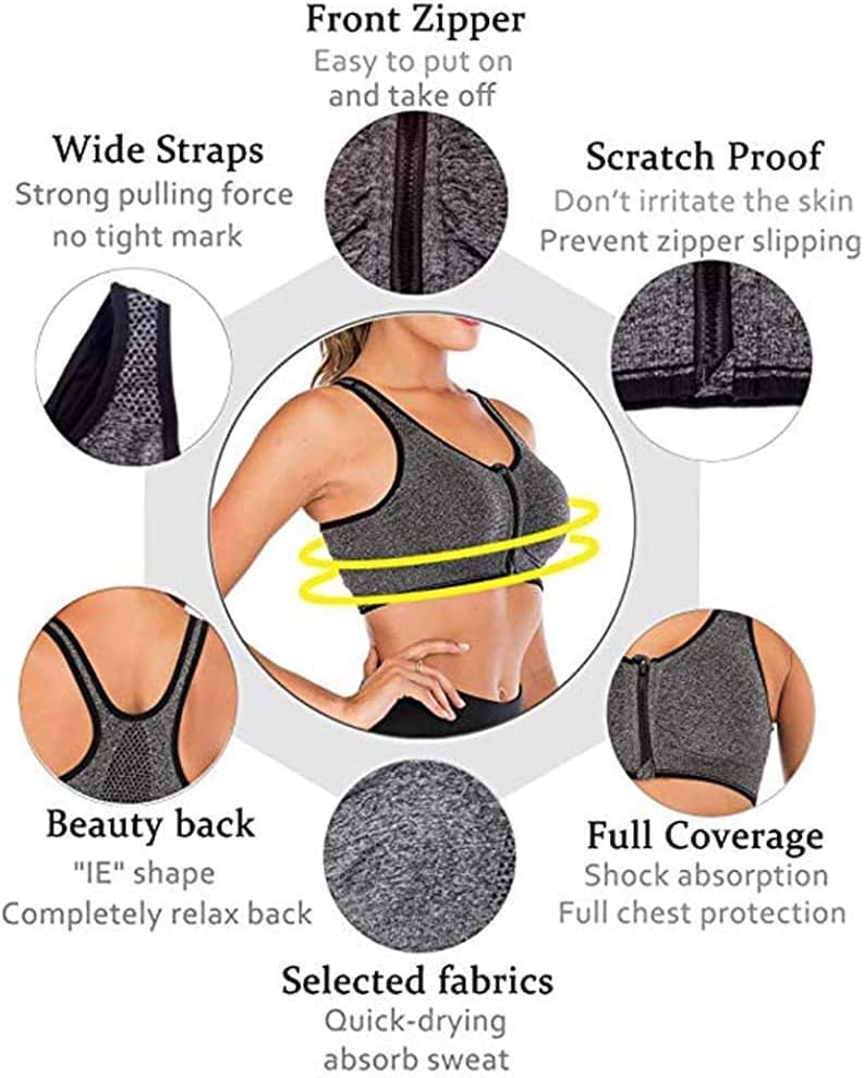 2 Pcs Zip Front Sports Bra, Post Surgery Bra Yoga Bra Workout Fitness Activewear Racerback Padded Bras for Women