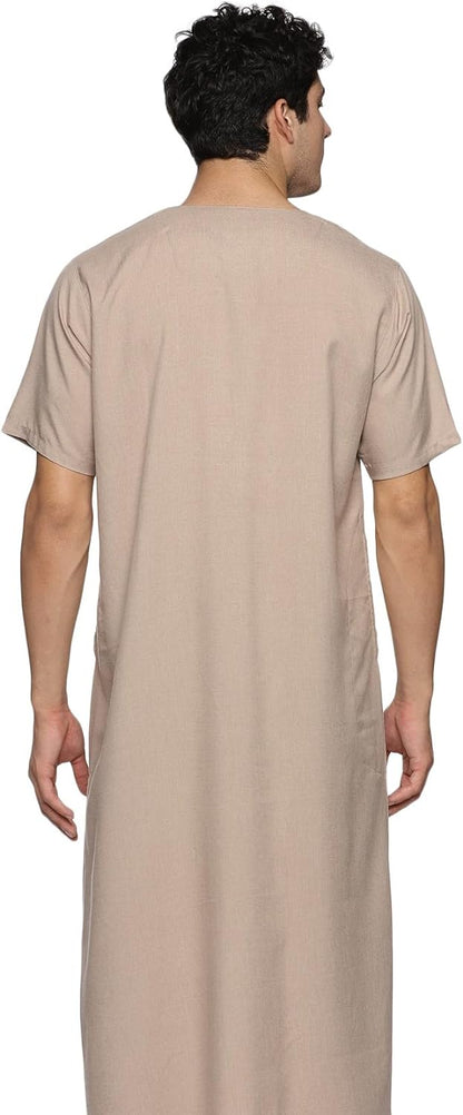 Men's Round Neck Short Sleeves Jalabiya | Breathable Kaftan Style Thobe for Comfort & Elegance