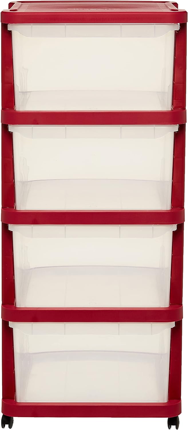 Cosmoplast 3 Tiers Multipurpose Storage Cabinet With Wheels, Dark Red With Translucent Drawers