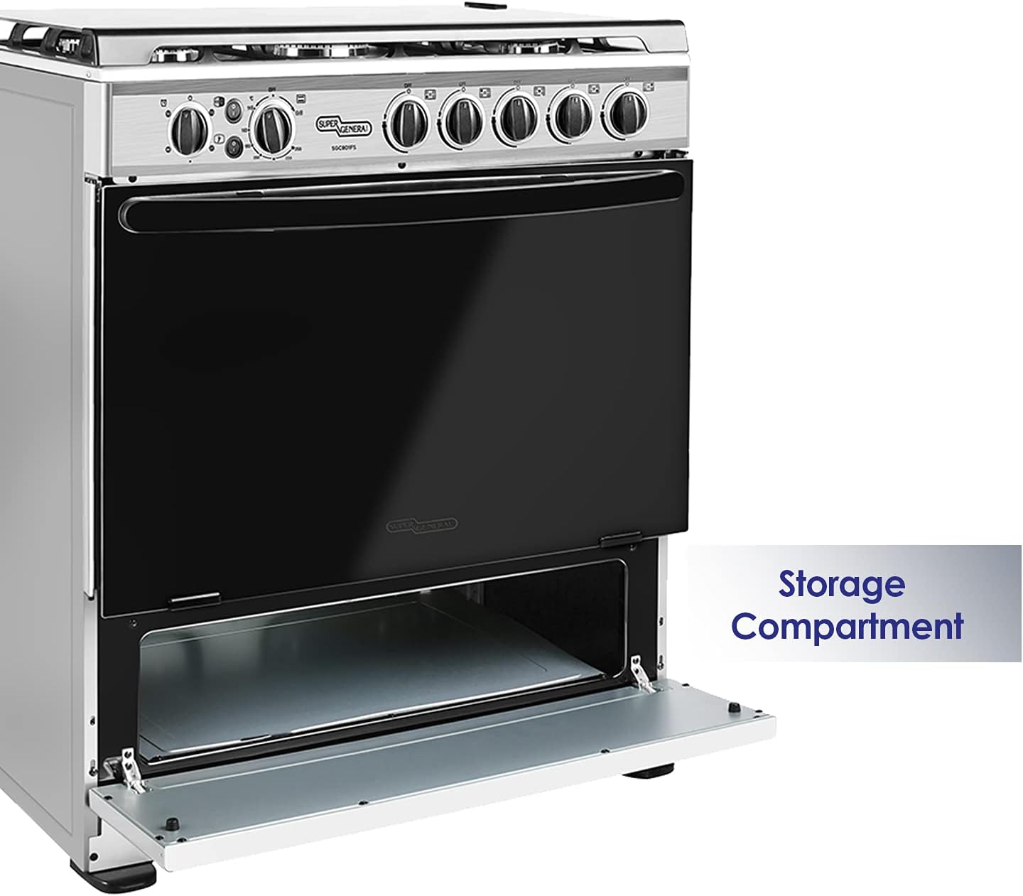 Super General 80 X 60 cm, 5 Gas Burners, Gas Oven with Rotisserie Free Standing Gas Cooker, Stainless Steel - SGC801FS