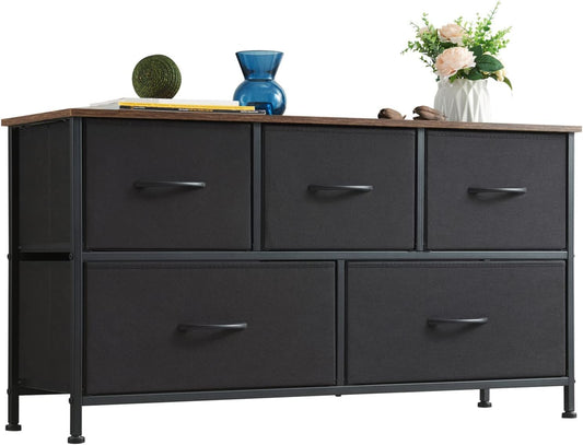 SKY-TOUCH Storage Cabinet : Bedroom Dresser with 5 Drawers Wide Storage Chest with Removable Fabric Bins Storage Organizer Unit for Living Room Entryway Hallway Nursery Kids Room (100*30*52CM Black)