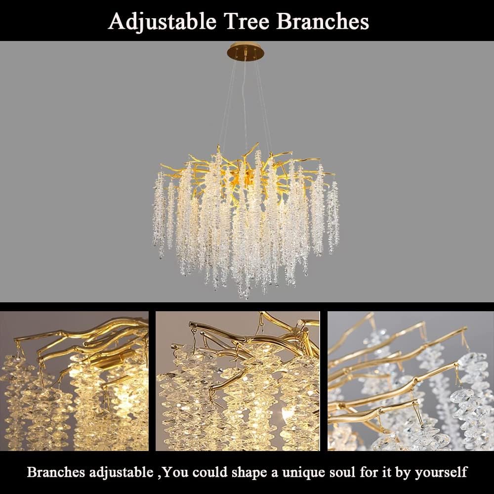 Puvaue Modern Crystal Tree Branches Chandeliers Gold Luxury Round Raindrop Pendant Light Fixture 9 Light Tassel Ceiling Hanging Light for Dining Room Bedroom Living Room Entryway 23.7"