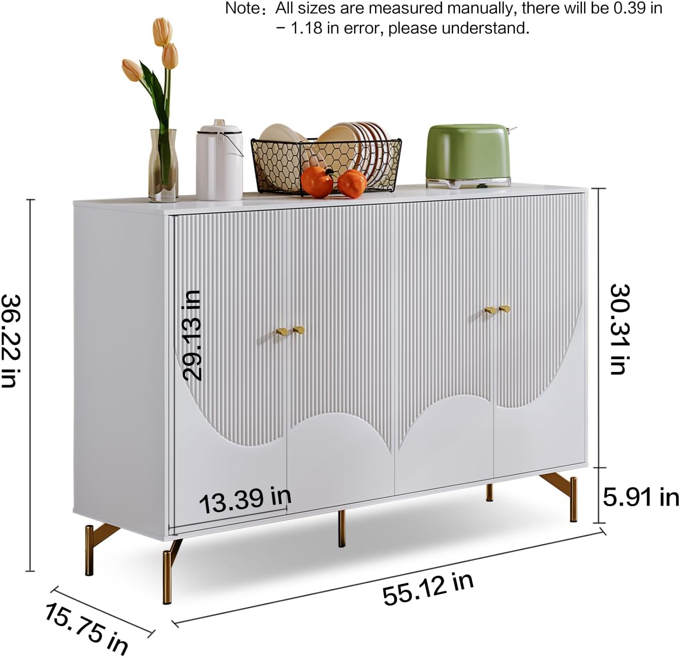 55" Sideboard Buffet Cabinet,Coffee Bar Cabinet with 4-Doors,Accent Kitchen Storage Cabinet Console Table with Adjustable Shelves,Kitchen Cupboard for Living Room, Dining Room, Bedroom,Hallway,White