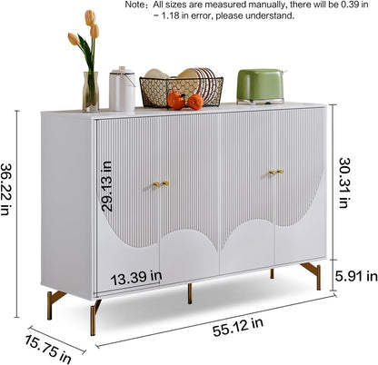 55" Sideboard Buffet Cabinet,Coffee Bar Cabinet with 4-Doors,Accent Kitchen Storage Cabinet Console Table with Adjustable Shelves,Kitchen Cupboard for Living Room, Dining Room, Bedroom,Hallway,White