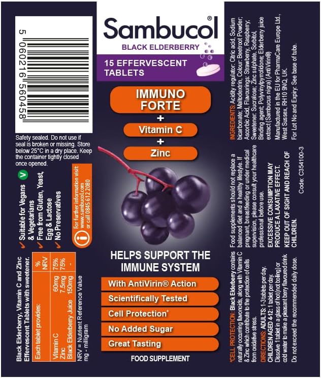 Sambucol Natural Black Elderberry Immuno Forte Effervescent Tablets, Vitamin C, Zinc, Immune System Booster, 15 Tablets