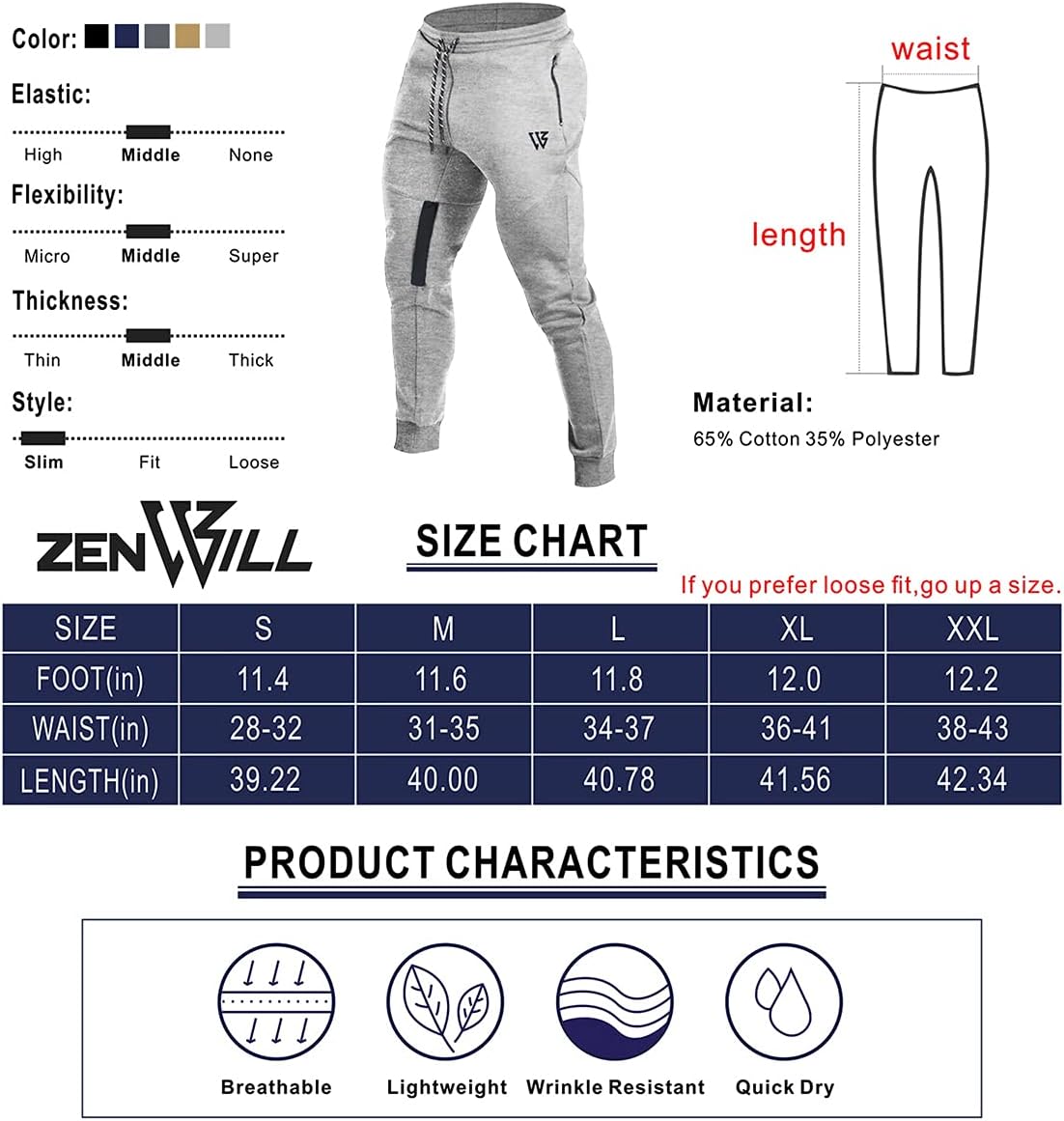 ZENWILL Mens Tapered Workout Track Pants, Slim Fit Gym Jogger Sweatpants, Casual Athletic Trousers with Zip Pockets