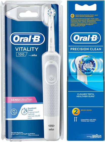 Oral B Vitality D100 CLS Sensi Ultrathin Rechargeable Toothbrush + EB 20-2 Brush Head Bundle