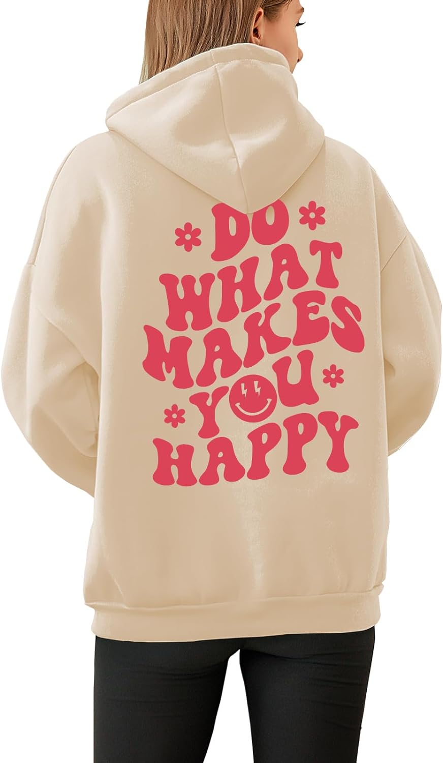 Tuislay Women Cute Graphic Oversized Hoodies Sweatshirts for Teen Girls Aesthetic Y2k Preppy Fleece Happy Hooded Pullover