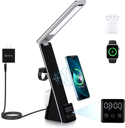 PROTON LED Desk Lamp with Wireless Charger 3 in 1 Fast Charging Station, Touch Control Desk Lamp with Clock, Alarm, 3 Lighting Modes & Stepless Brightness Home Office Eye-Caring Table Lamps