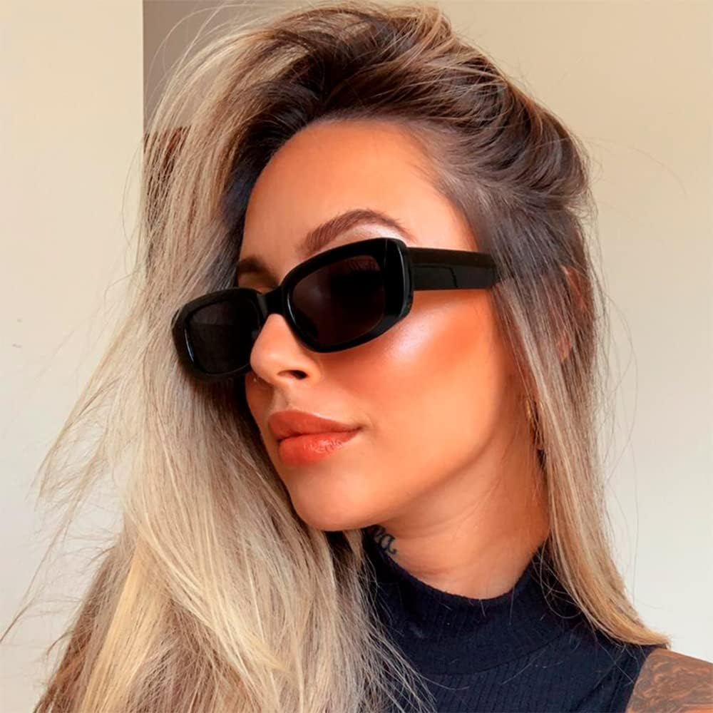 Retro Rectangle Sunglasses Women and Men Vintage Small Square Sun Glasses Protection Glasse, UV400 Protection Glasse, Vintage Driving Glasses 90’s Fashion Narrow Square Frame