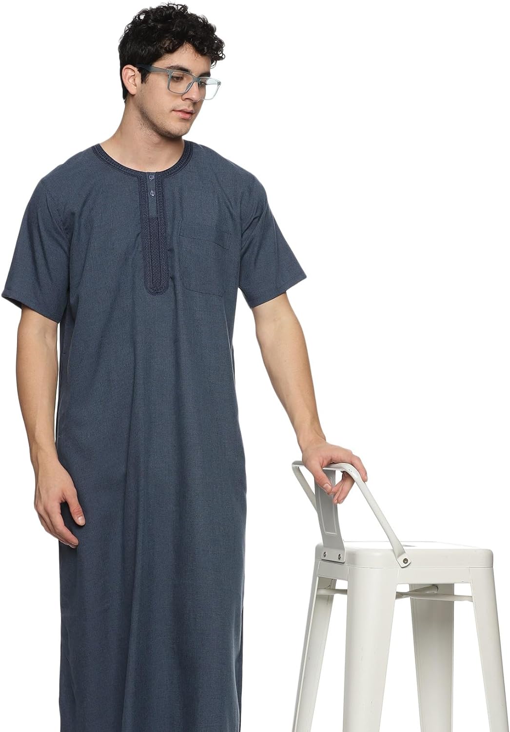 Men's Round Neck Short Sleeves Jalabiya | Breathable Kaftan Style Thobe for Comfort & Elegance