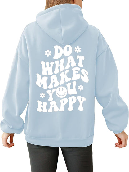 Tuislay Women Cute Graphic Oversized Hoodies Sweatshirts for Teen Girls Aesthetic Y2k Preppy Fleece Happy Hooded Pullover