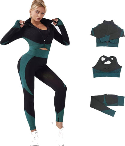 Veriliss 3pcs Gym Clothes for Women Tracksuit Womens Full Set Outfits Workout Joggers Yoga Sportswear Leggings and Stretch Sports Bra Jumpsuits Clothes Sets