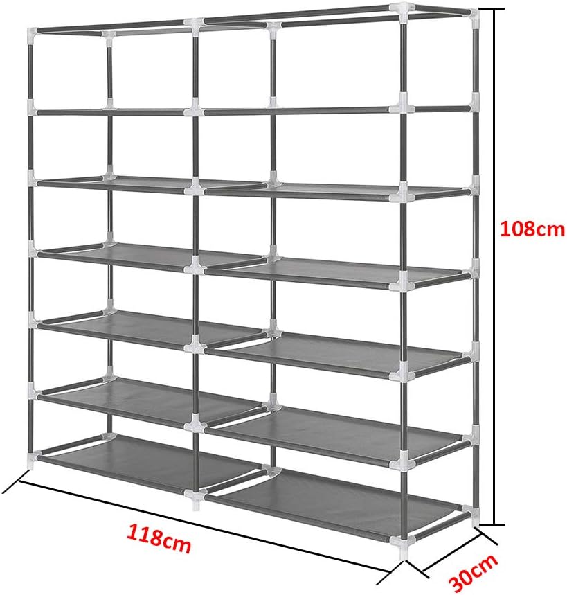 Cestbella Fabric Shoes Rack Cabinet Closet Shoe Storage Organizer with Cover Dustproof Grey 7 Layers 12 Lattices Double Row Shoe Rack for Bedroom Living Room Hallway Holds 36 Pairs Shoe 118x30x108cm