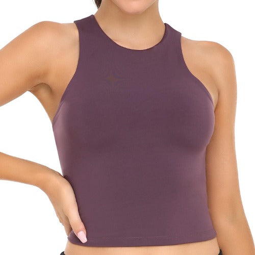 Colorfulkoala Women's High Neck Tank Tops Body Contour Sleeveless Crop Double Lined Yoga Shirts