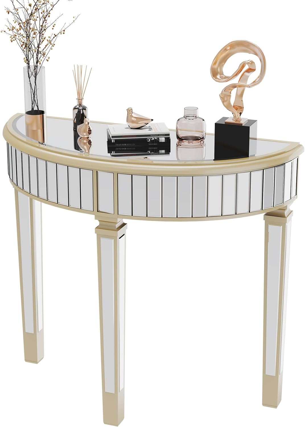 Wisfor Half Moon Mirrored Console Table: 90x35x80.5cm Semi-Circle Mirrored Entryway Table Modern Curved Sofa Side Table and Sturdy Square Column Legs for Porch, Living Room, Bedroom